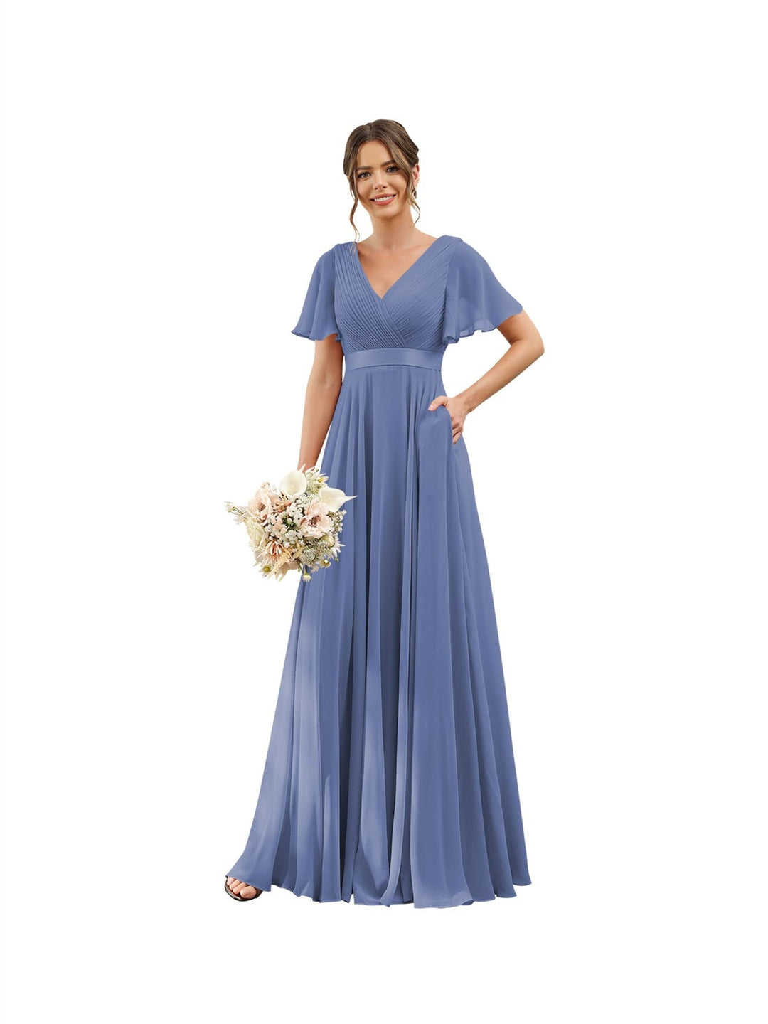 A-Line  V Neck Flutter Sleeves  Floor Length Bridesmaid Dresses  Chiffon  with Pockets Ruched