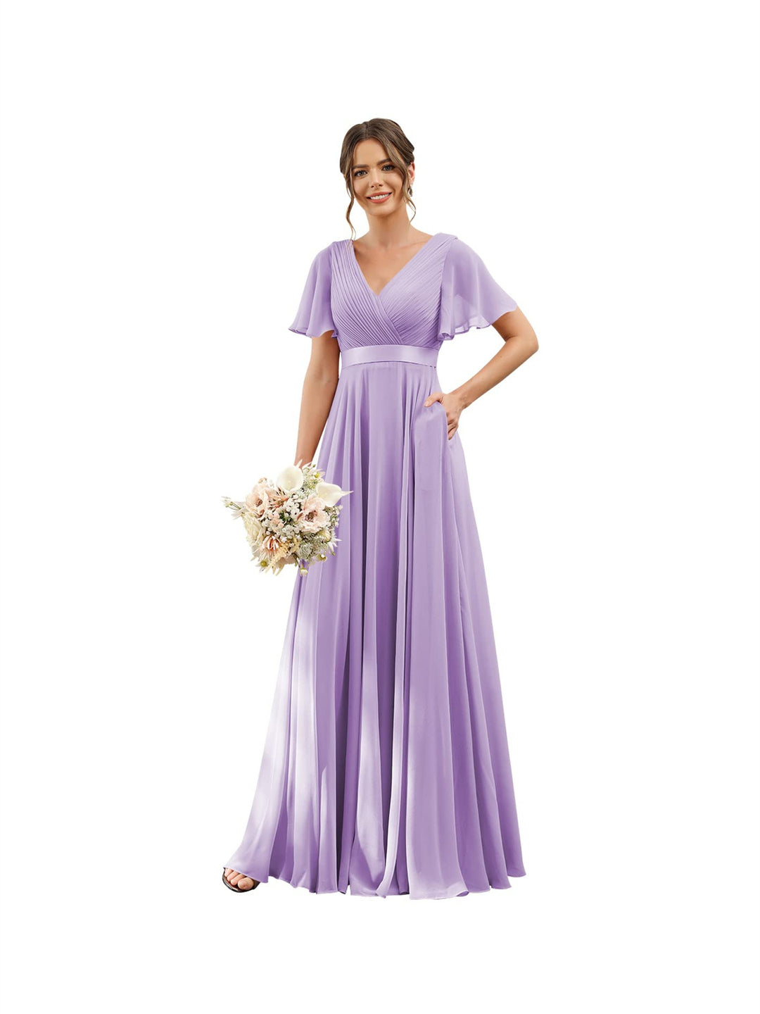 A-Line  V Neck Flutter Sleeves  Floor Length Bridesmaid Dresses  Chiffon  with Pockets Ruched