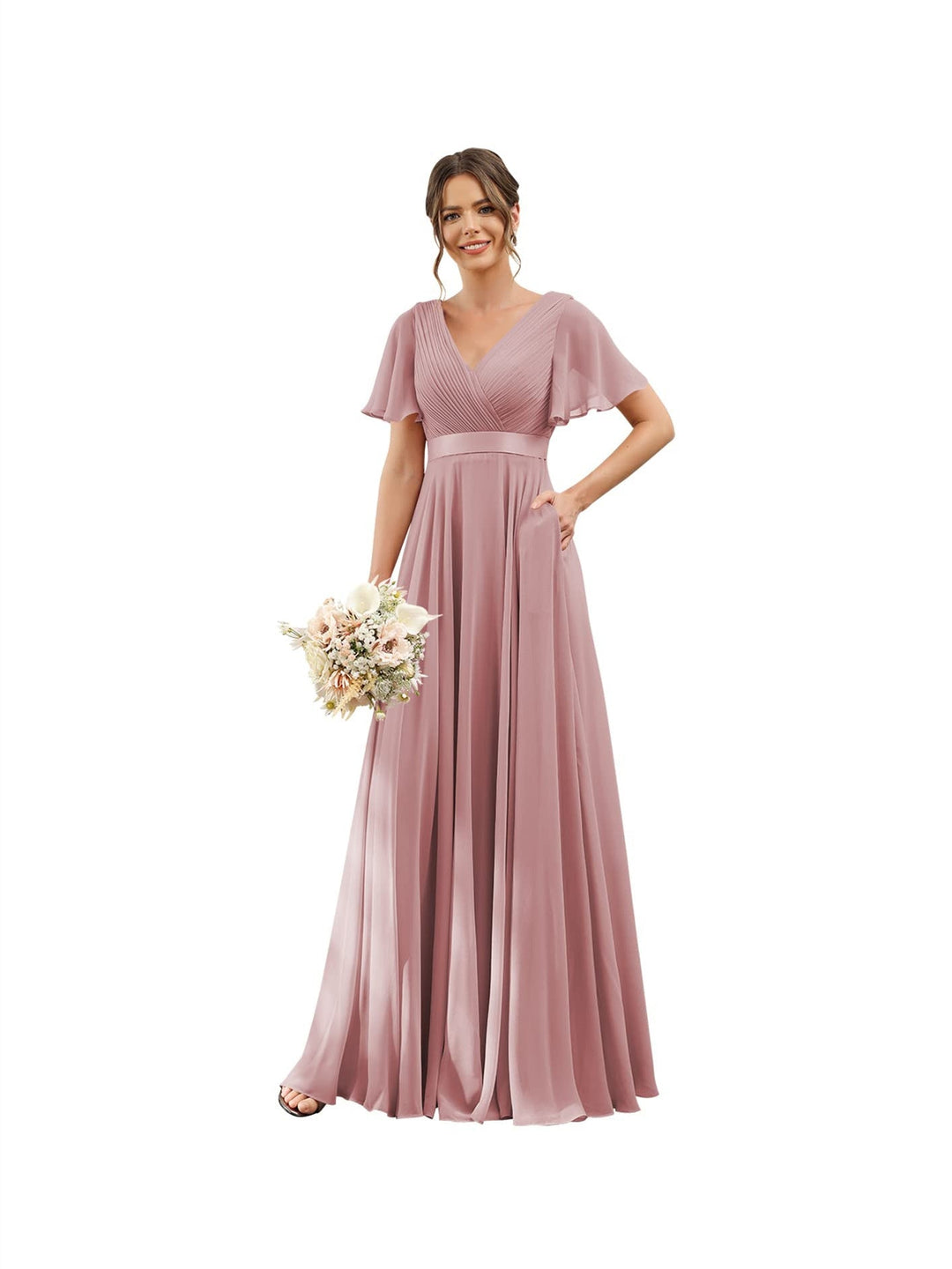 A-Line  V Neck Flutter Sleeves  Floor Length Bridesmaid Dresses  Chiffon  with Pockets Ruched