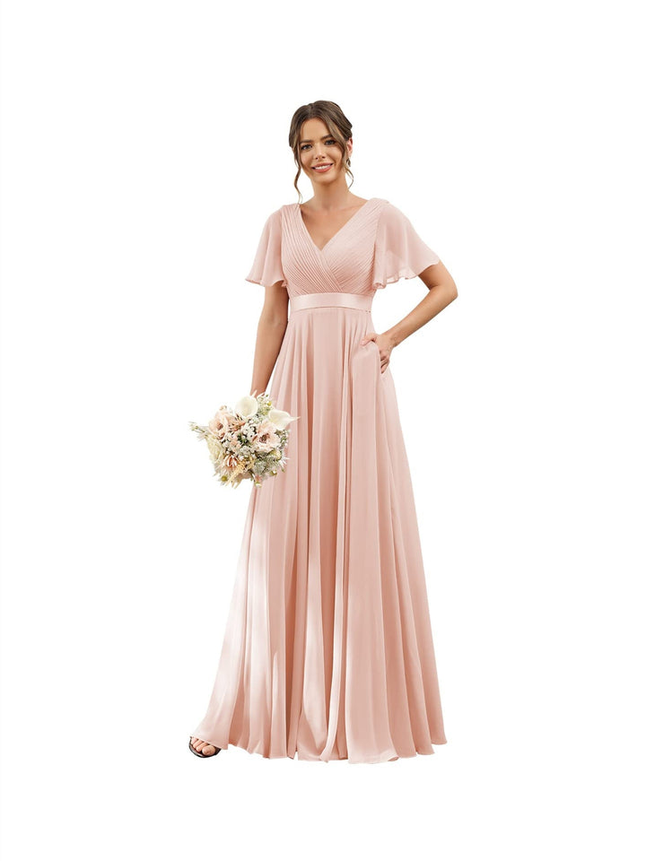 A-Line  V Neck Flutter Sleeves  Floor Length Bridesmaid Dresses  Chiffon  with Pockets Ruched