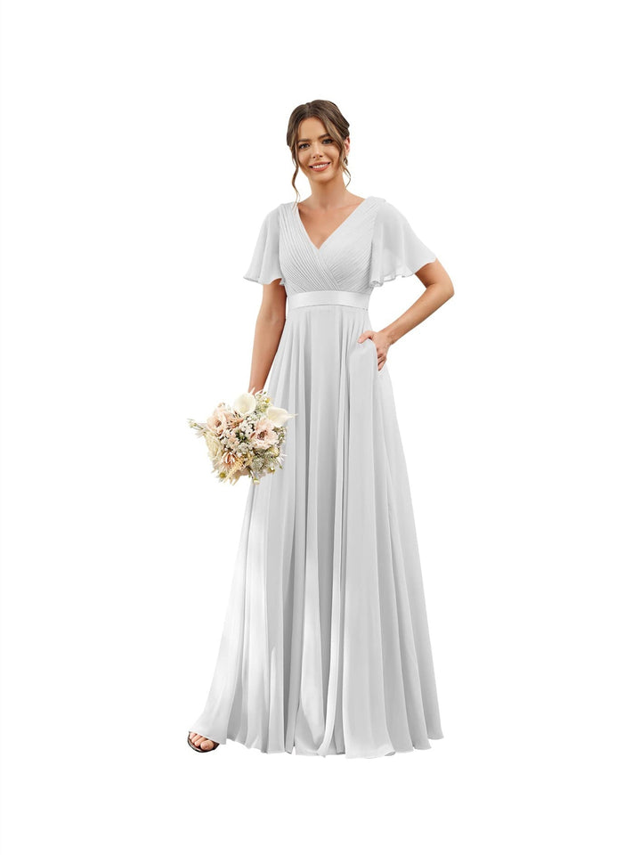 A-Line  V Neck Flutter Sleeves  Floor Length Bridesmaid Dresses  Chiffon  with Pockets Ruched