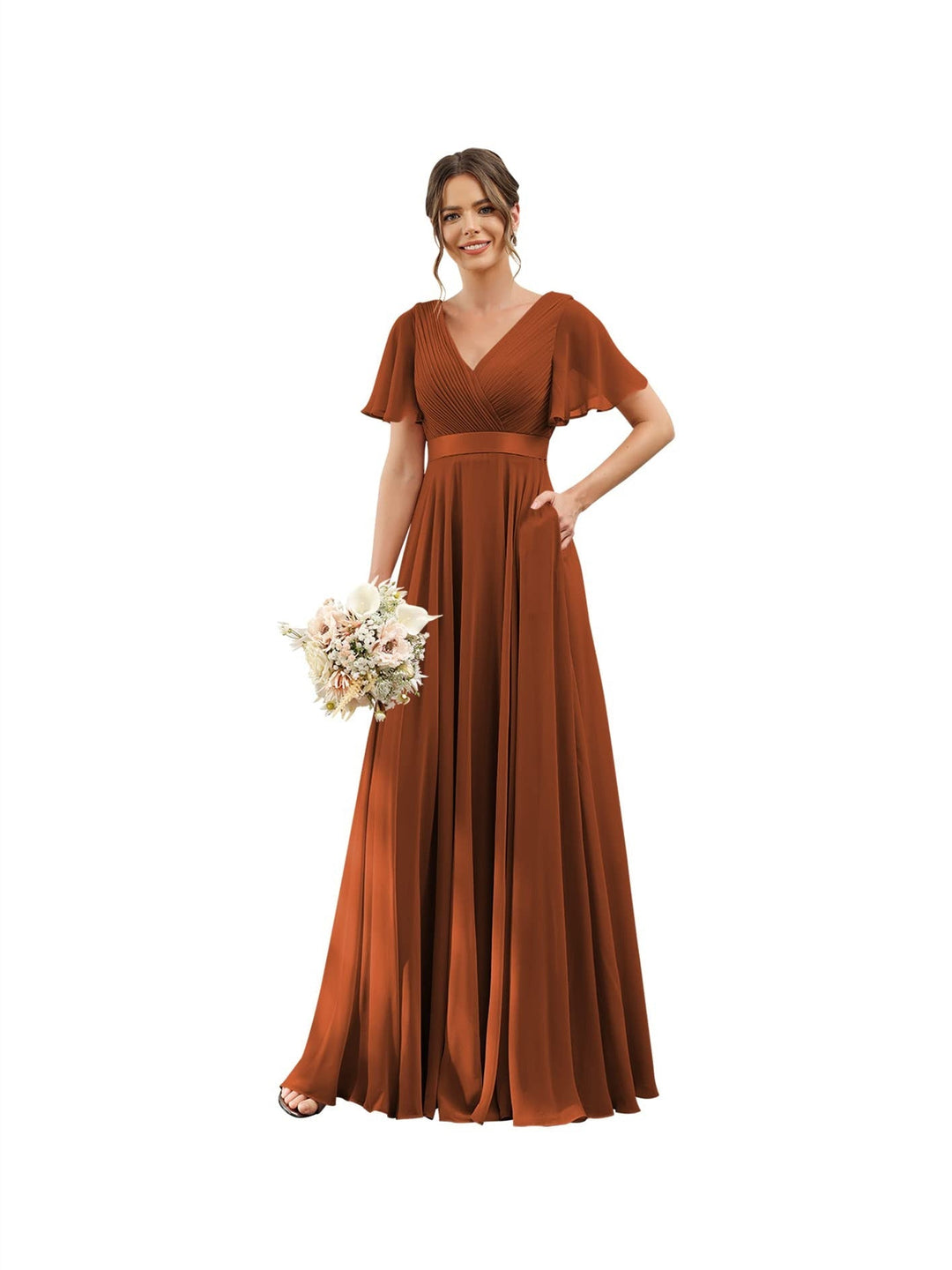 A-Line  V Neck Flutter Sleeves  Floor Length Bridesmaid Dresses  Chiffon  with Pockets Ruched