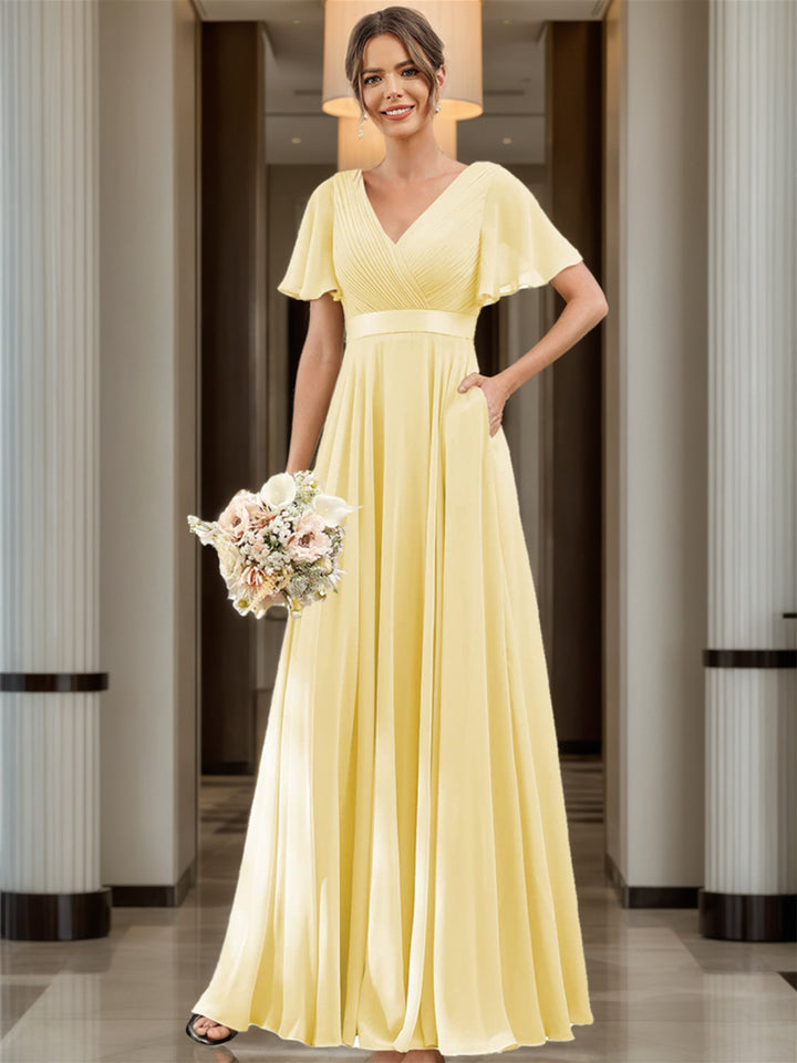 A-Line  V Neck Flutter Sleeves  Floor Length Bridesmaid Dresses  Chiffon  with Pockets Ruched