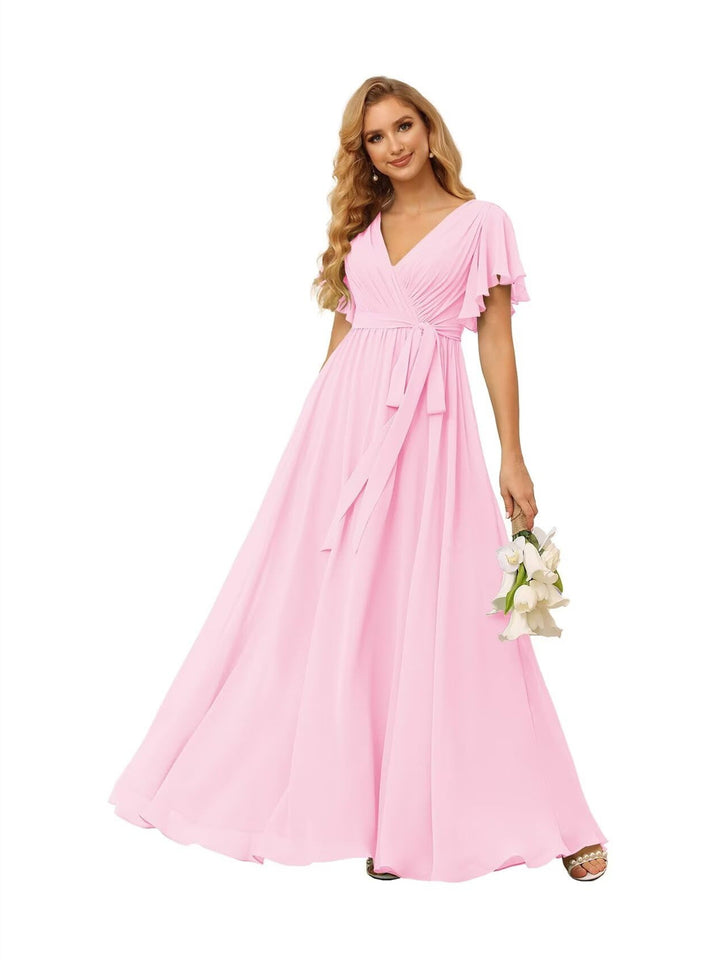 A-Line  V Neck Short Sleeve   Floor Length Bridesmaid Dresses  Chiffon  with Ruffles Bow(s)