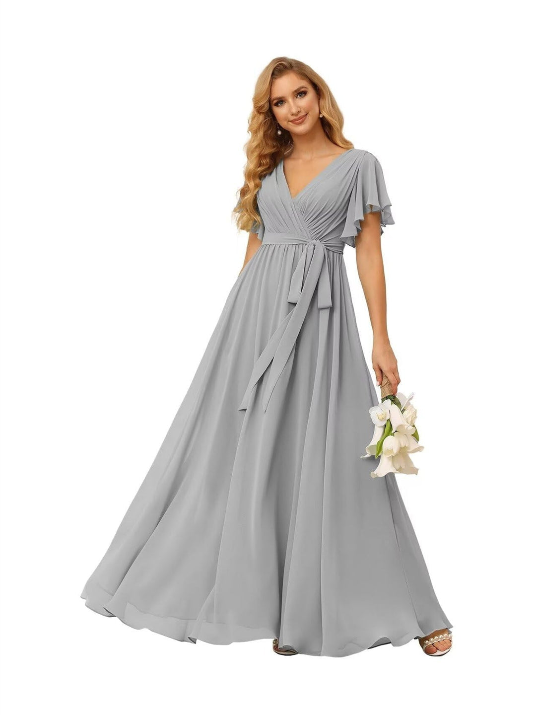 A-Line  V Neck Short Sleeve   Floor Length Bridesmaid Dresses  Chiffon  with Ruffles Bow(s)