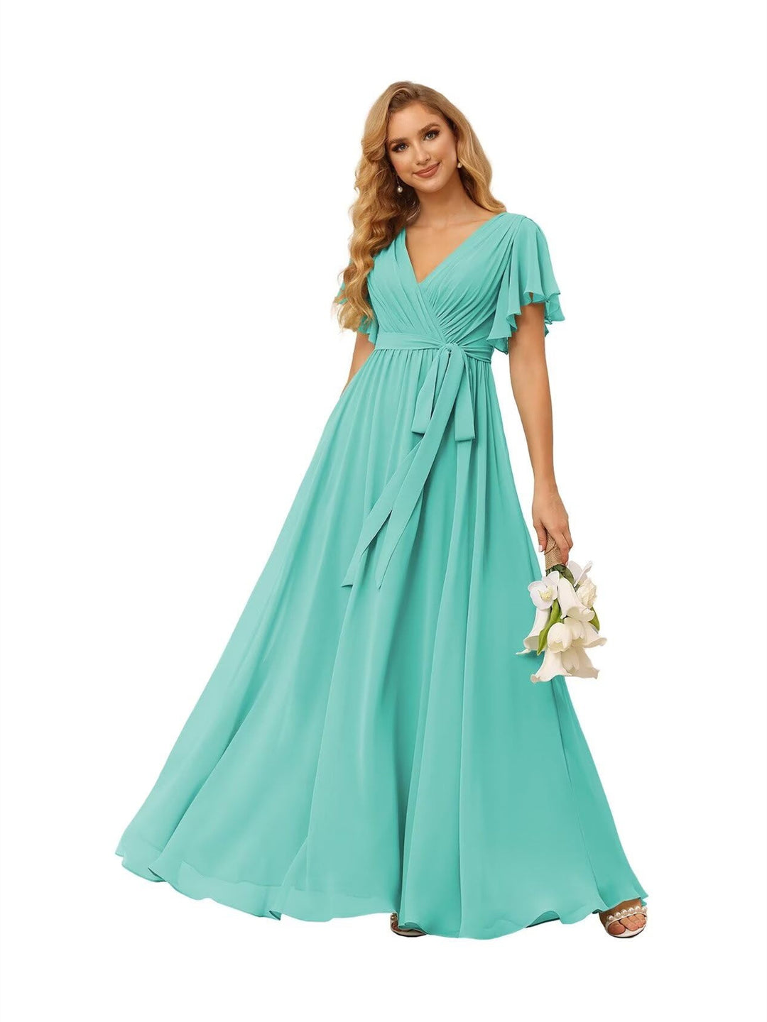 A-Line  V Neck Short Sleeve   Floor Length Bridesmaid Dresses  Chiffon  with Ruffles Bow(s)