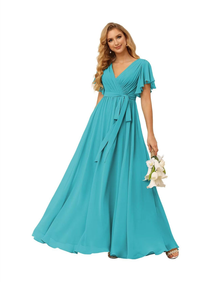 A-Line  V Neck Short Sleeve   Floor Length Bridesmaid Dresses  Chiffon  with Ruffles Bow(s)