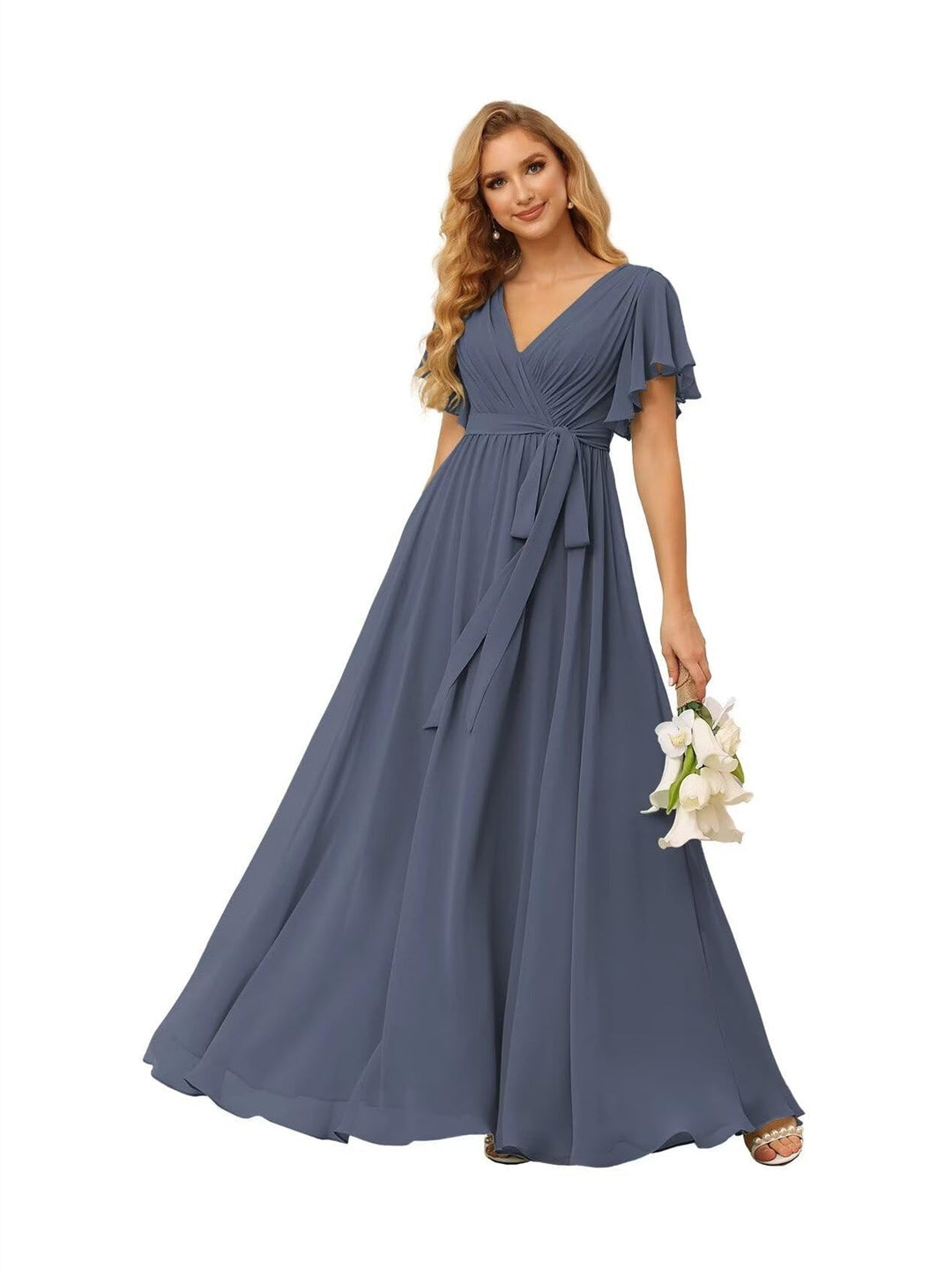 A-Line  V Neck Short Sleeve   Floor Length Bridesmaid Dresses  Chiffon  with Ruffles Bow(s)