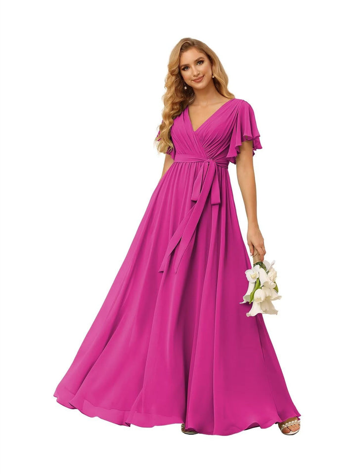 A-Line  V Neck Short Sleeve   Floor Length Bridesmaid Dresses  Chiffon  with Ruffles Bow(s)