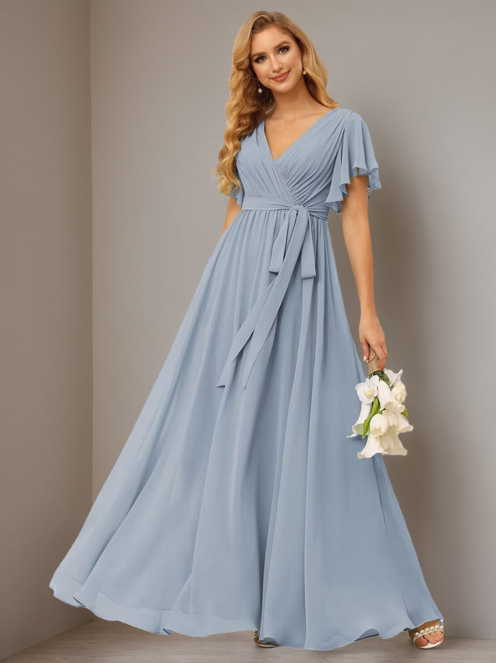 A-Line  V Neck Short Sleeve   Floor Length Bridesmaid Dresses  Chiffon  with Ruffles Bow(s)