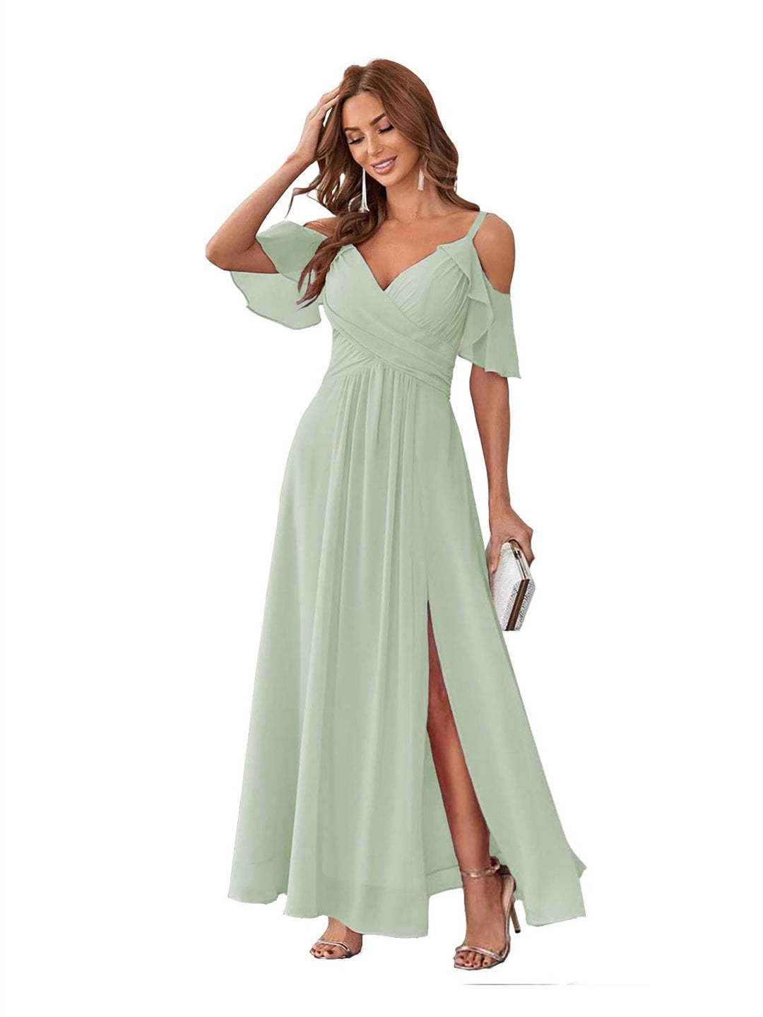 A-Line/Princess  V Neck Short Sleeve Spaghetti Straps Ankle  Length Bridesmaid Dresses  Chiffon with Ruffles Bow(s)