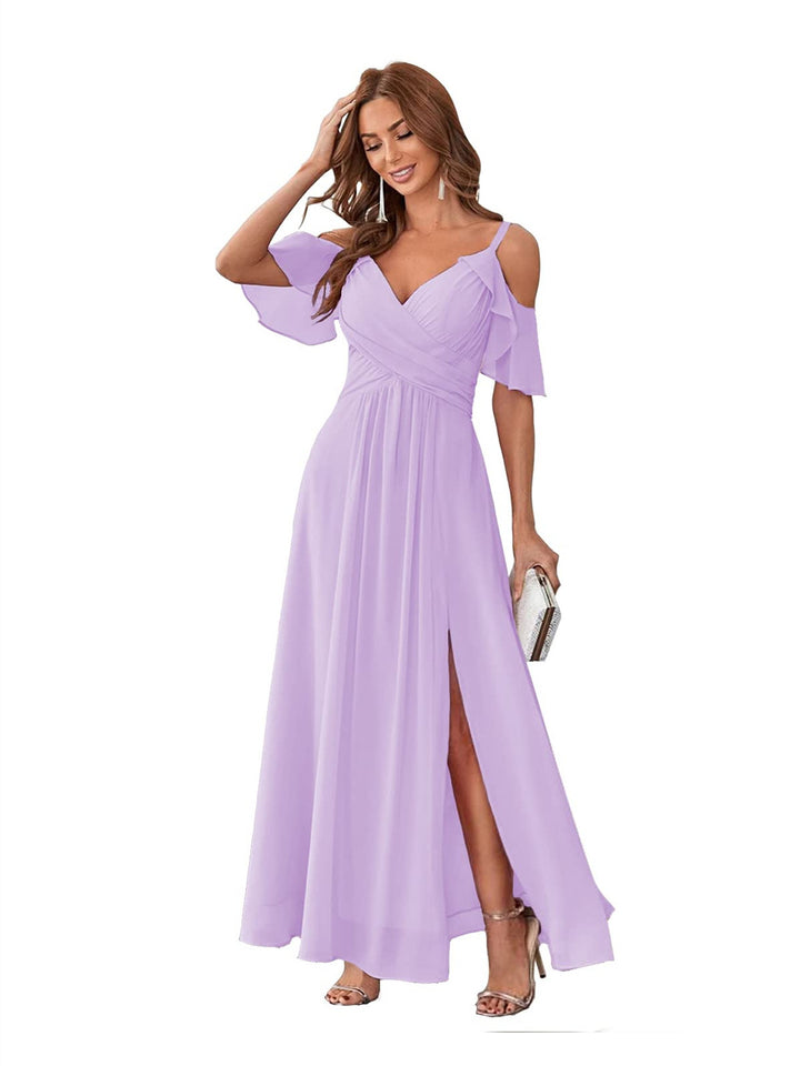 A-Line/Princess  V Neck Short Sleeve Spaghetti Straps Ankle  Length Bridesmaid Dresses  Chiffon with Ruffles Bow(s)