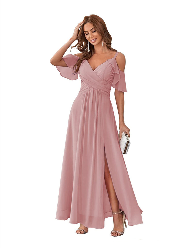 A-Line/Princess  V Neck Short Sleeve Spaghetti Straps Ankle  Length Bridesmaid Dresses  Chiffon with Ruffles Bow(s)