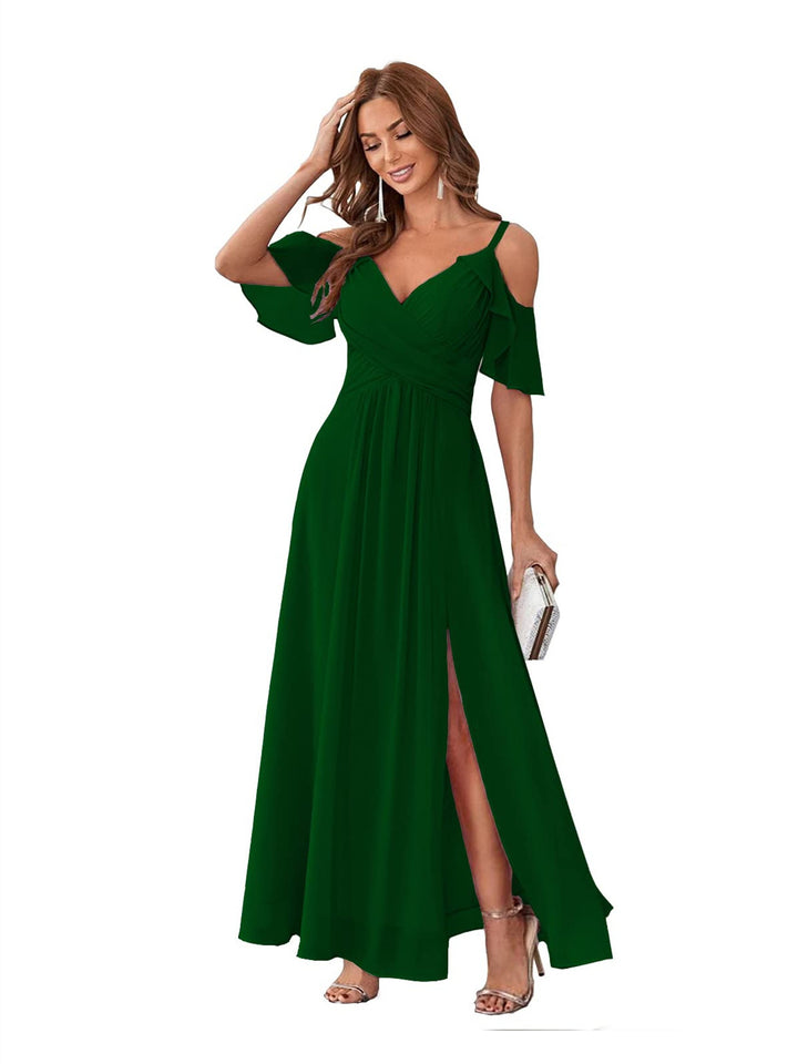 A-Line/Princess  V Neck Short Sleeve Spaghetti Straps Ankle  Length Bridesmaid Dresses  Chiffon with Ruffles Bow(s)