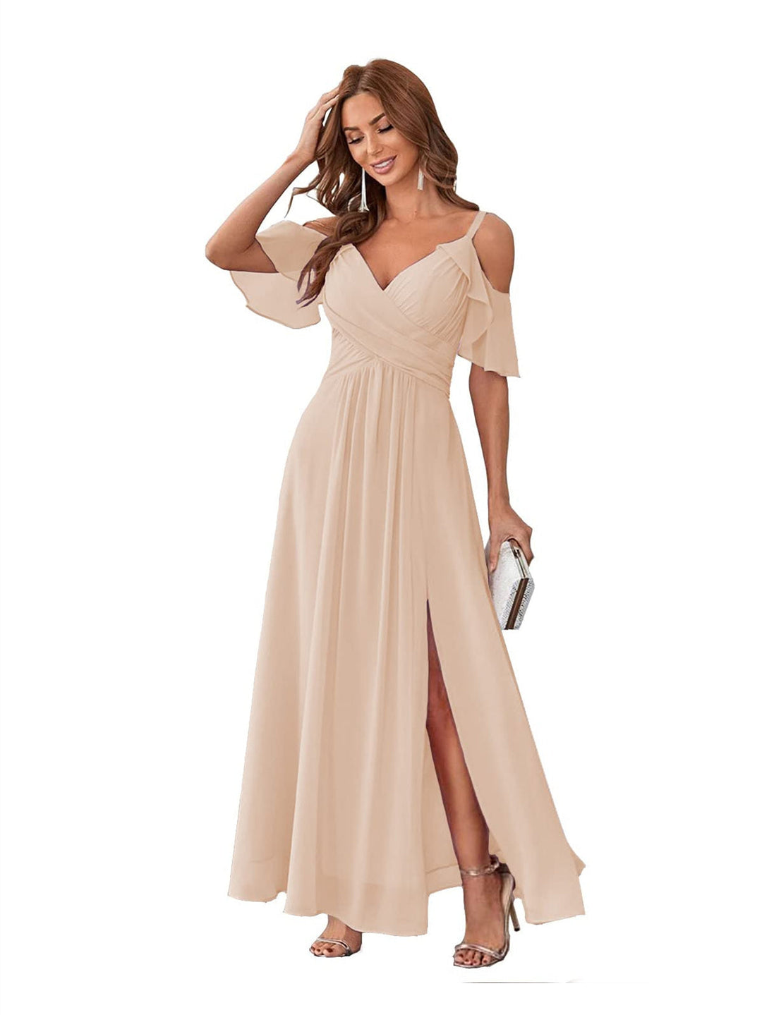 A-Line/Princess  V Neck Short Sleeve Spaghetti Straps Ankle  Length Bridesmaid Dresses  Chiffon with Ruffles Bow(s)