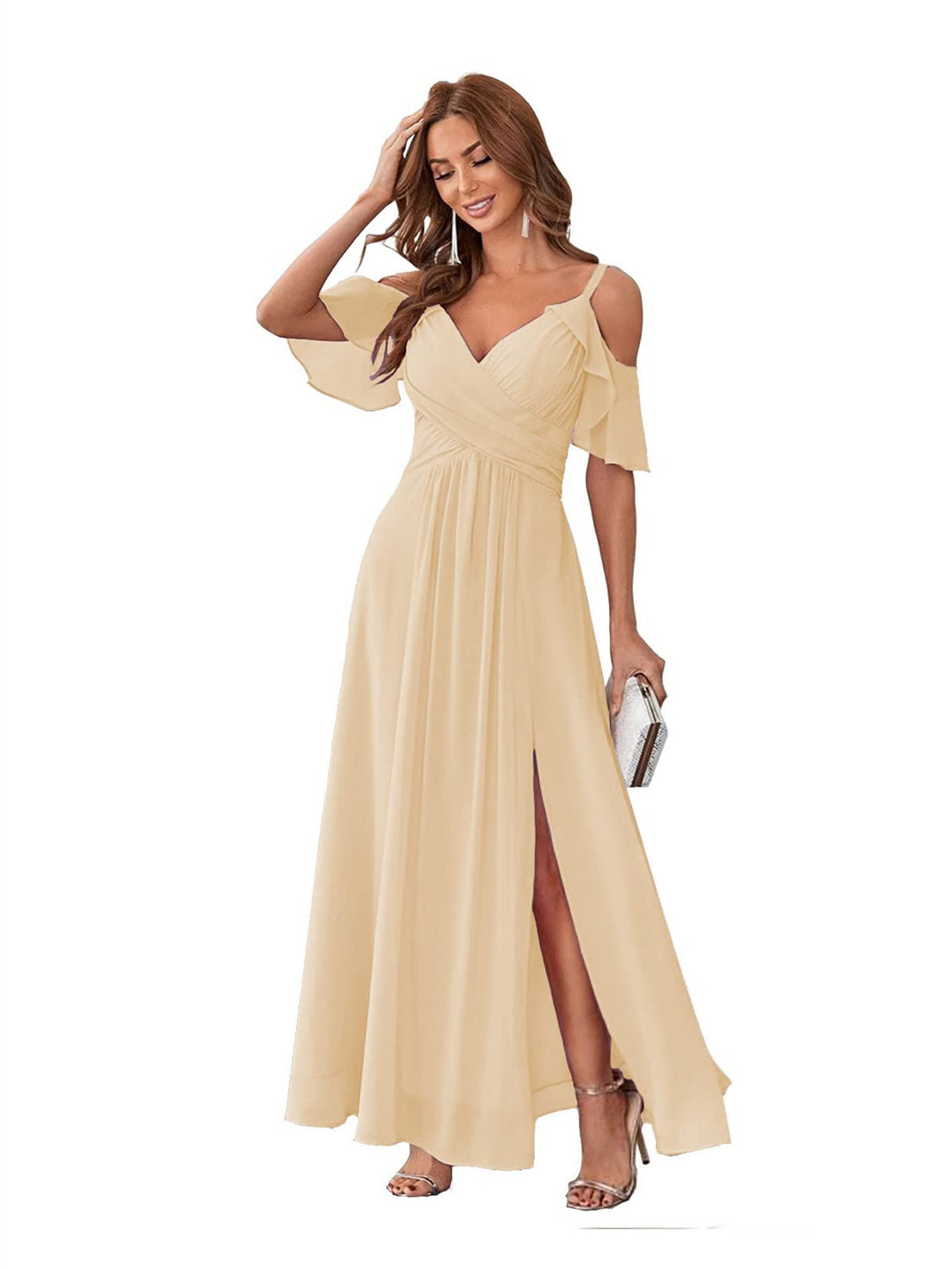 A-Line/Princess  V Neck Short Sleeve Spaghetti Straps Ankle  Length Bridesmaid Dresses  Chiffon with Ruffles Bow(s)