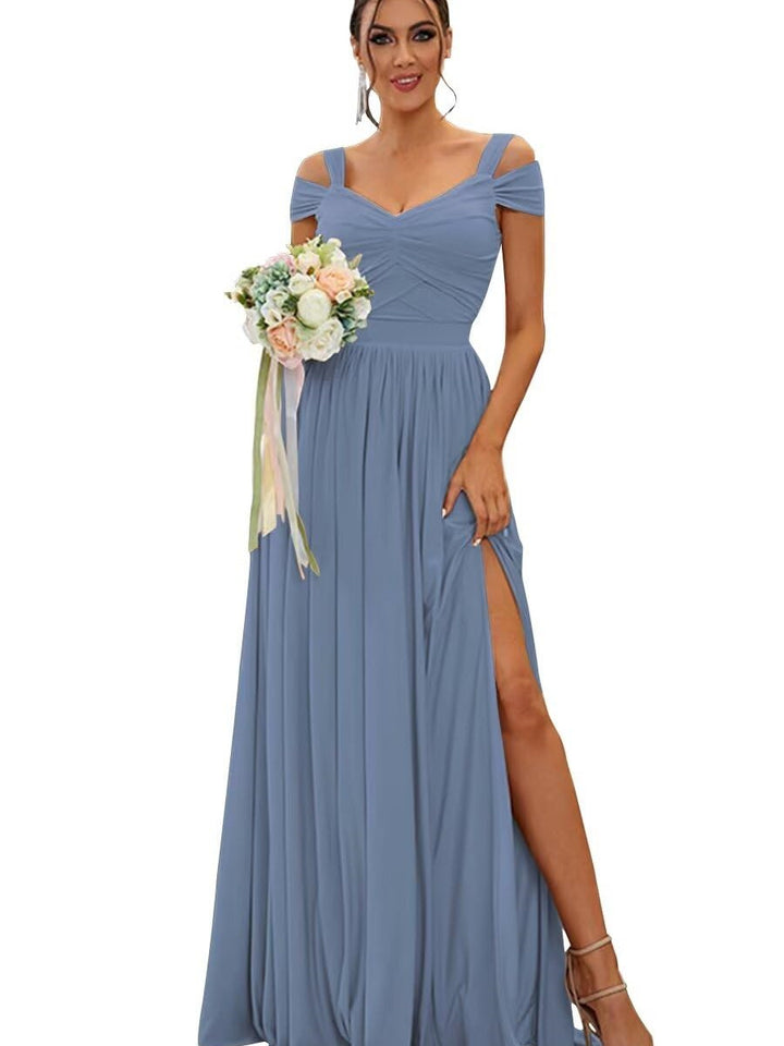 A-Line/Princess Off-the-shoulder Sleeveless Floor   Length Bridesmaid Dresses  Chiffon with Ruffles