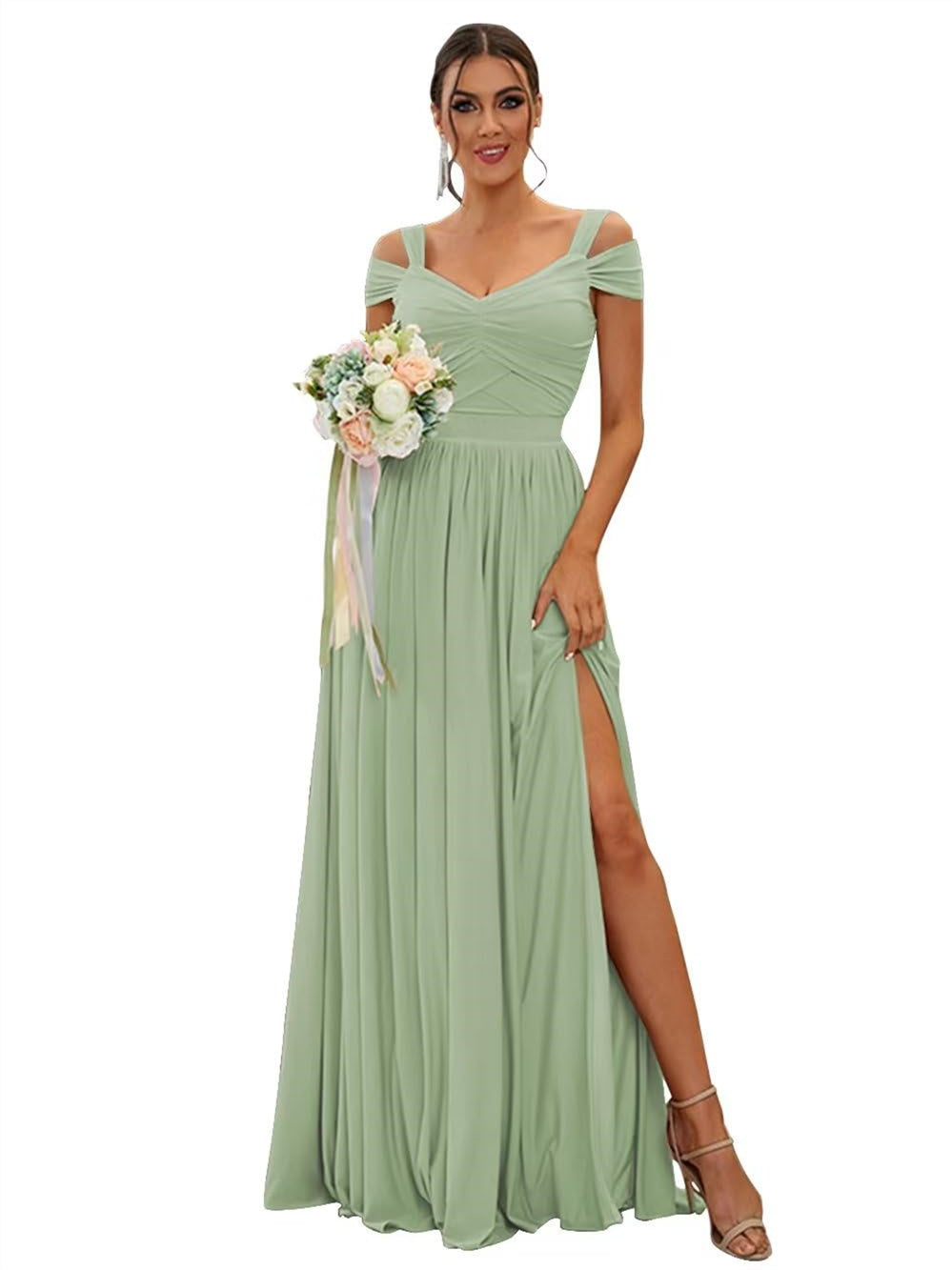 A-Line/Princess Off-the-shoulder Sleeveless Floor   Length Bridesmaid Dresses  Chiffon with Ruffles