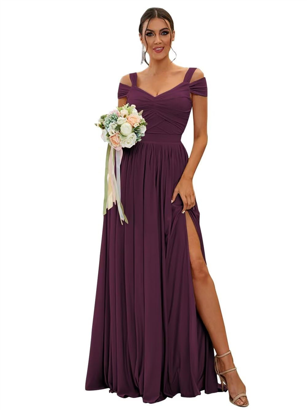 A-Line/Princess Off-the-shoulder Sleeveless Floor   Length Bridesmaid Dresses  Chiffon with Ruffles