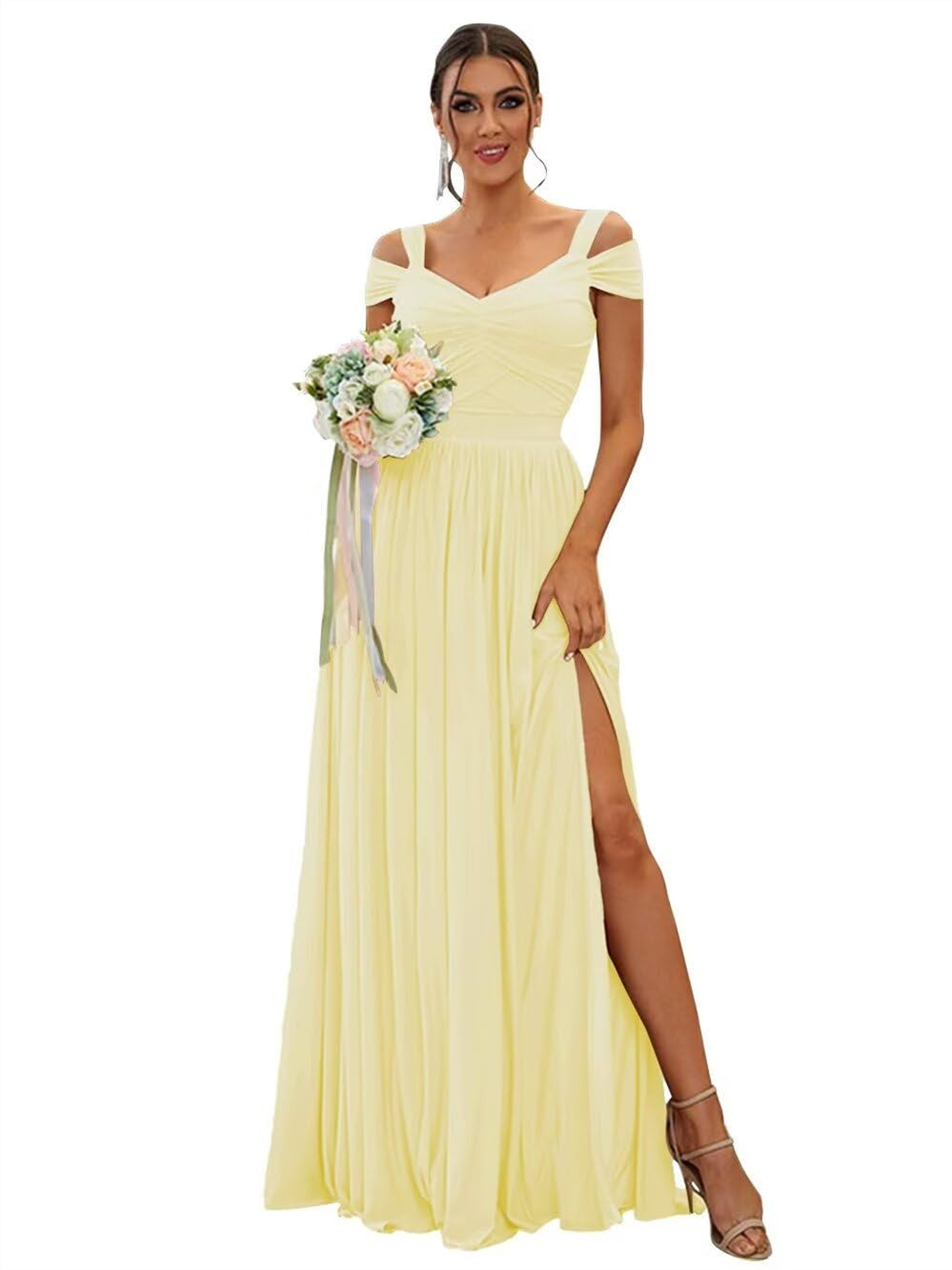 A-Line/Princess Off-the-shoulder Sleeveless Floor   Length Bridesmaid Dresses  Chiffon with Ruffles