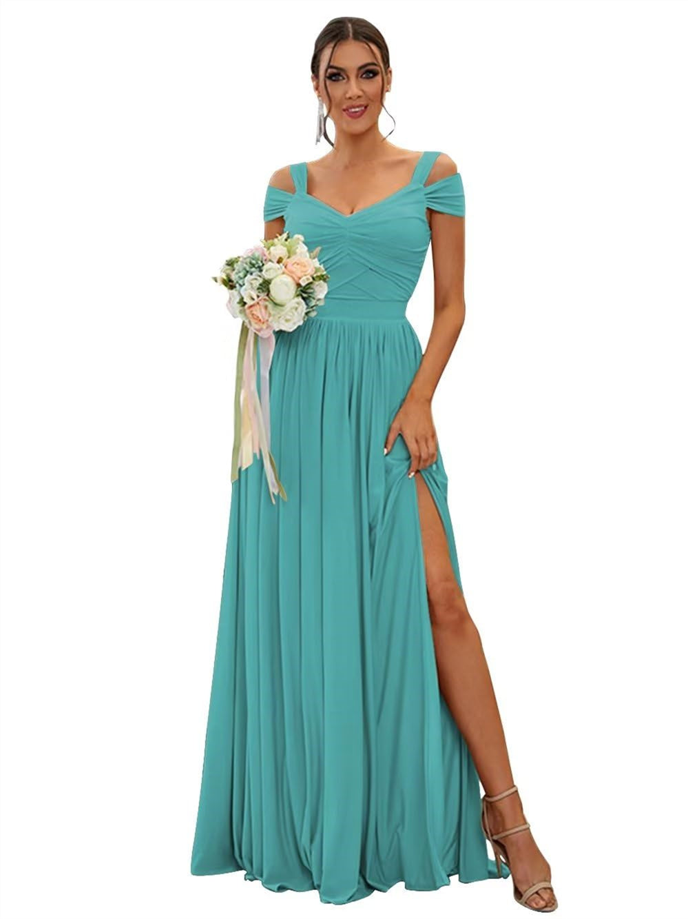 A-Line/Princess Off-the-shoulder Sleeveless Floor   Length Bridesmaid Dresses  Chiffon with Ruffles