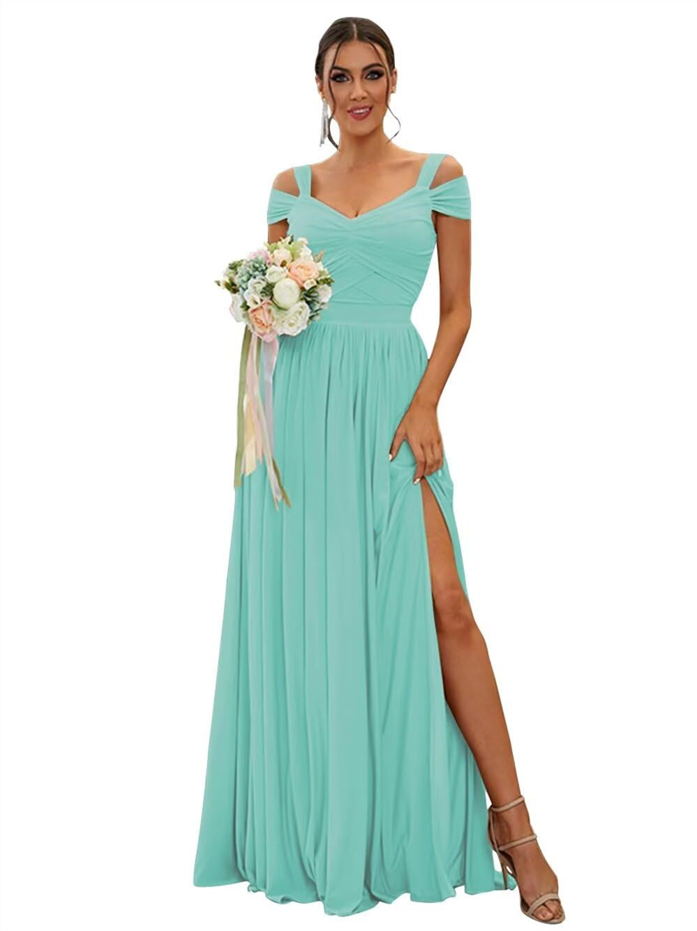 A-Line/Princess Off-the-shoulder Sleeveless Floor   Length Bridesmaid Dresses  Chiffon with Ruffles