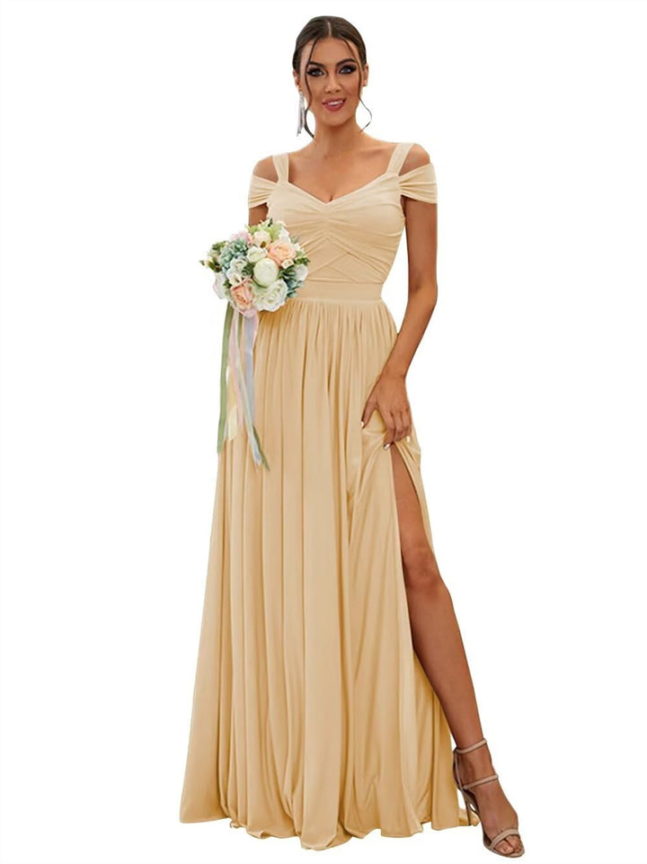 A-Line/Princess Off-the-shoulder Sleeveless Floor   Length Bridesmaid Dresses  Chiffon with Ruffles