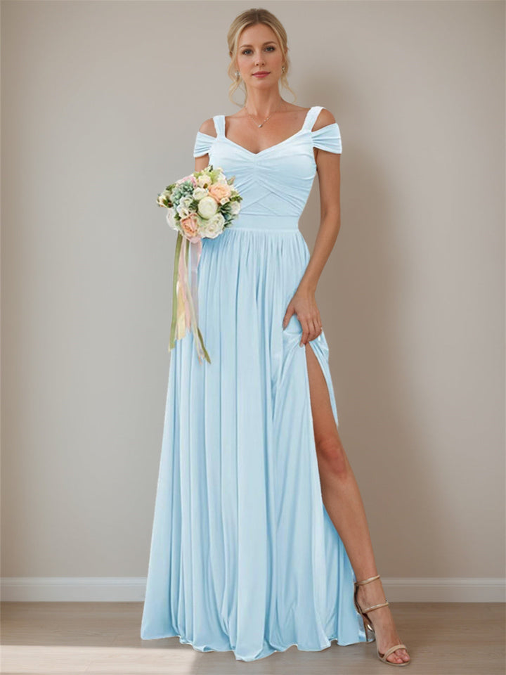 A-Line/Princess Off-the-shoulder Sleeveless Floor   Length Bridesmaid Dresses  Chiffon with Ruffles