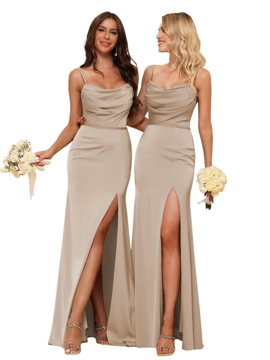 Sheath/Column Spaghetti Straps  Sleeveless Floor Length Bridesmaid Dresses  Satin with Ruffles Split