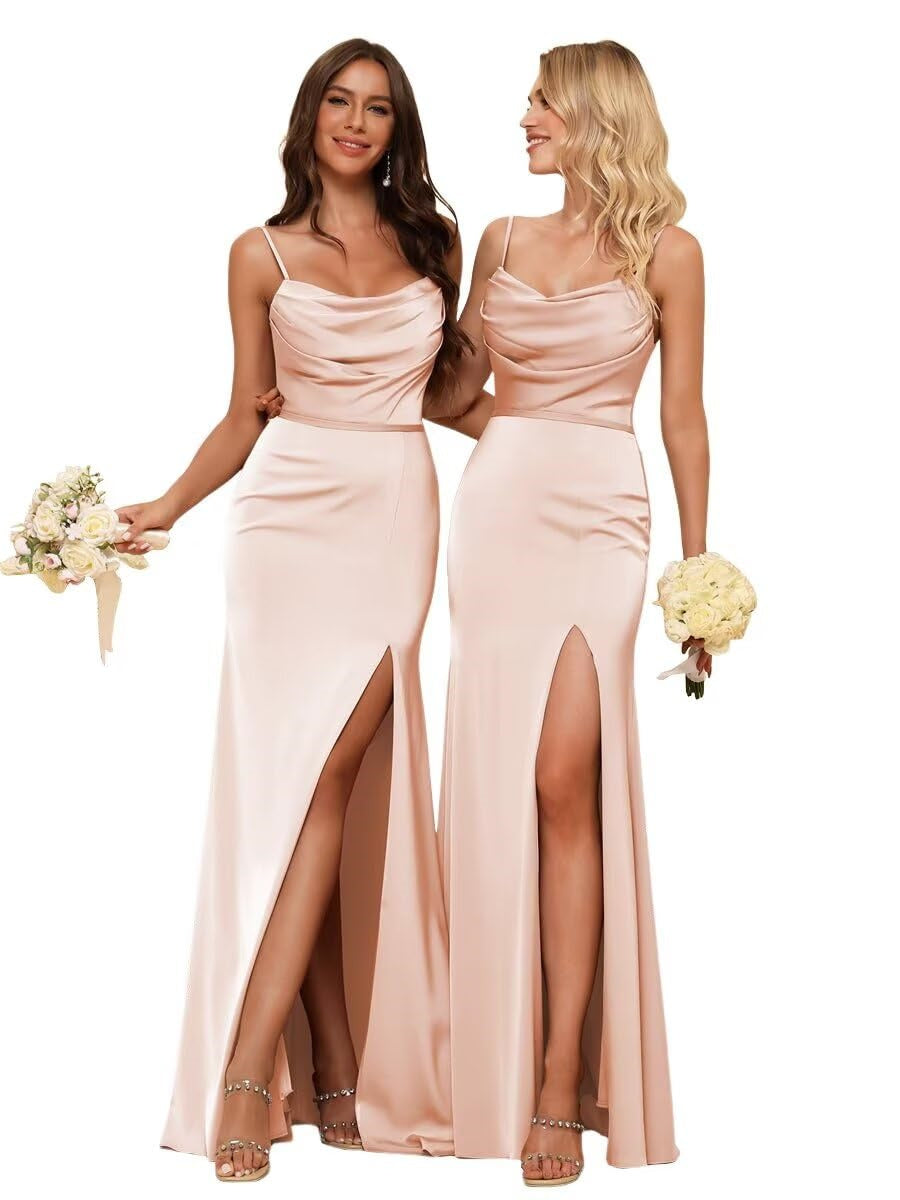 Sheath/Column Spaghetti Straps  Sleeveless Floor Length Bridesmaid Dresses  Satin with Ruffles Split