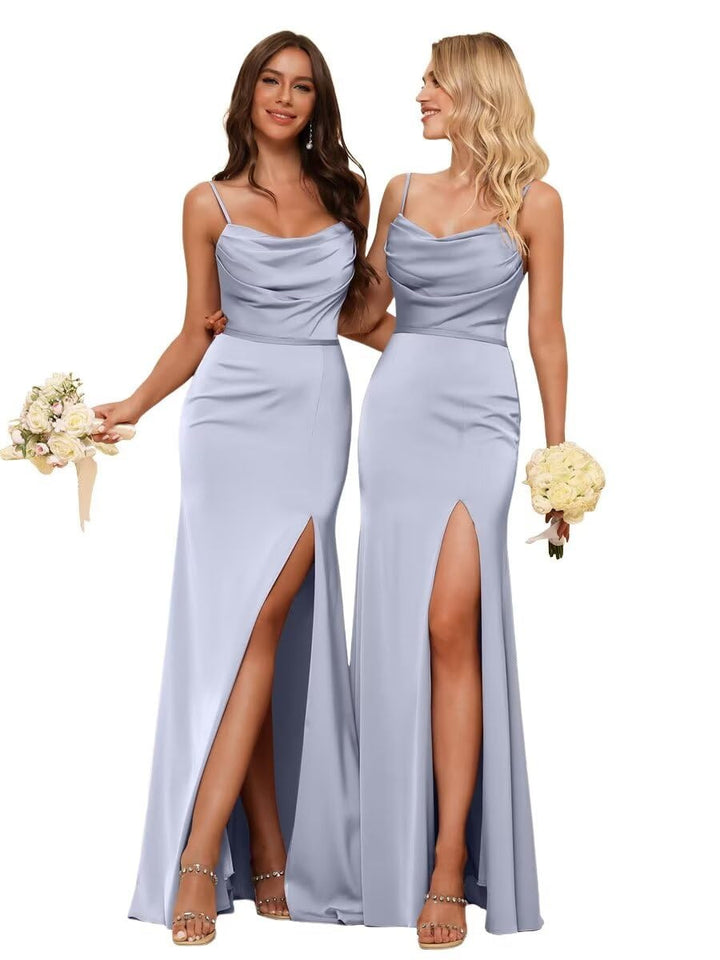 Sheath/Column Spaghetti Straps  Sleeveless Floor Length Bridesmaid Dresses  Satin with Ruffles Split