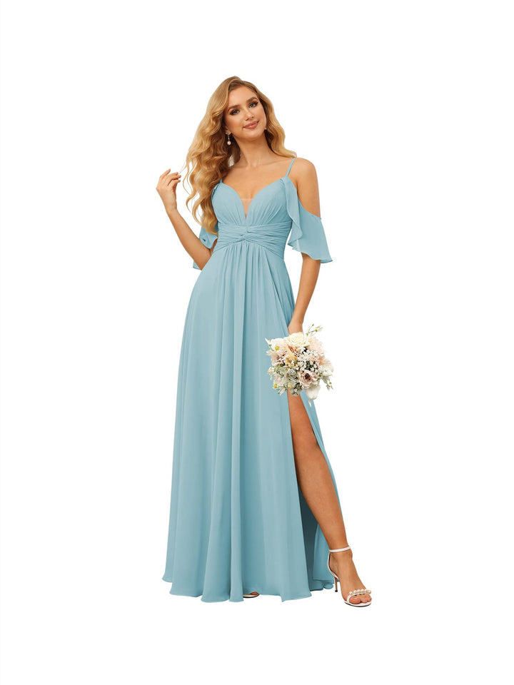 A-Line/Princess  Spaghetti Straps  Sleeveless Floor Length Bridesmaid Dresses  Chiffon with Ruffles Split