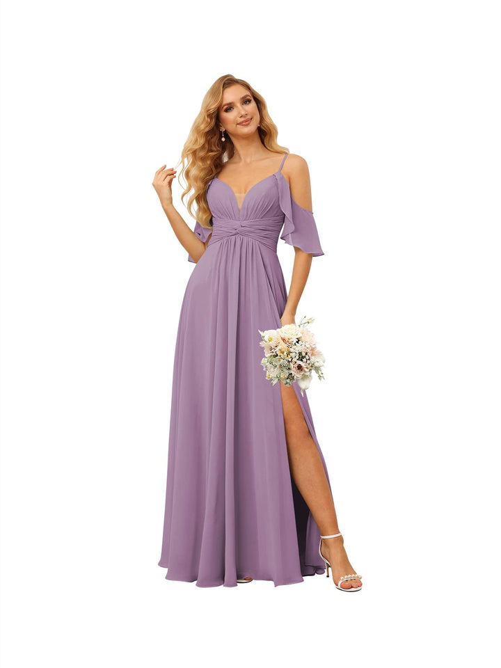 A-Line/Princess  Spaghetti Straps  Sleeveless Floor Length Bridesmaid Dresses  Chiffon with Ruffles Split