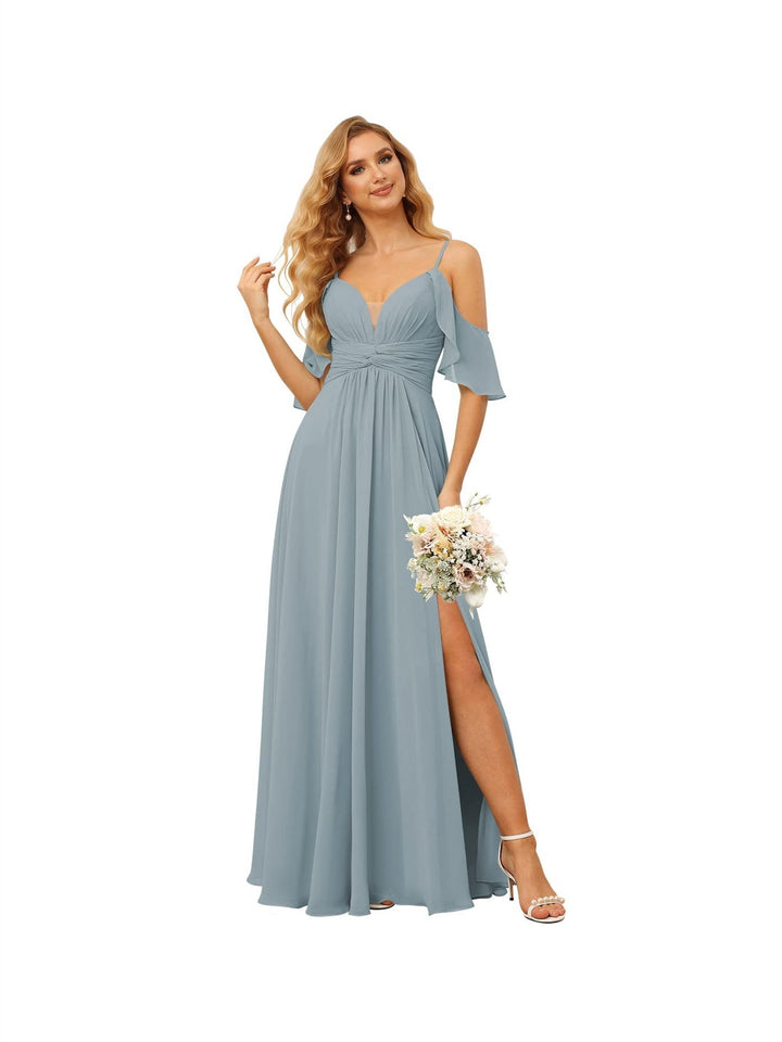 A-Line/Princess  Spaghetti Straps  Sleeveless Floor Length Bridesmaid Dresses  Chiffon with Ruffles Split