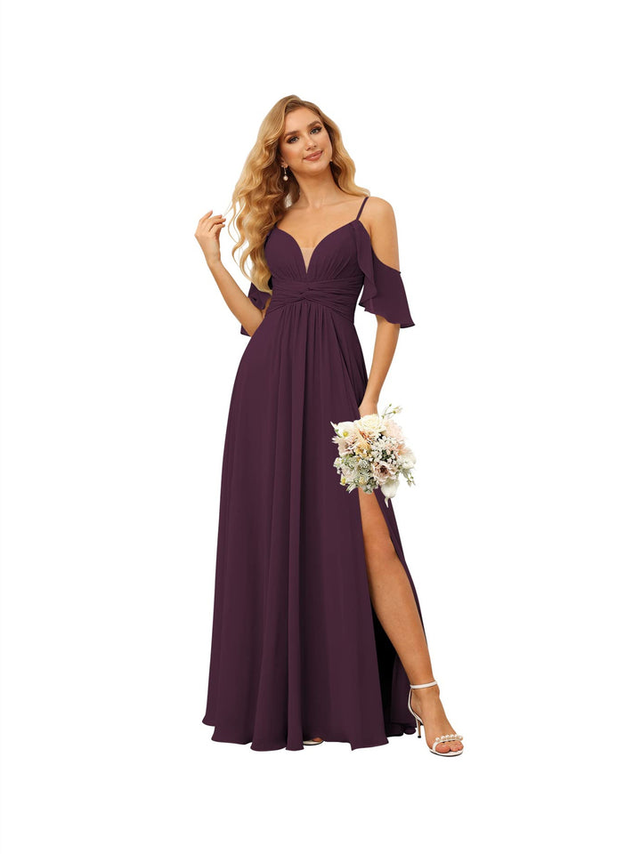 A-Line/Princess  Spaghetti Straps  Sleeveless Floor Length Bridesmaid Dresses  Chiffon with Ruffles Split