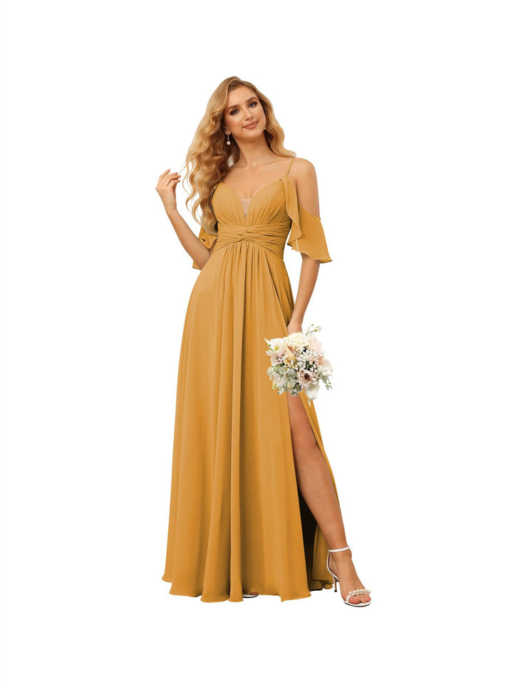 A-Line/Princess  Spaghetti Straps  Sleeveless Floor Length Bridesmaid Dresses  Chiffon with Ruffles Split