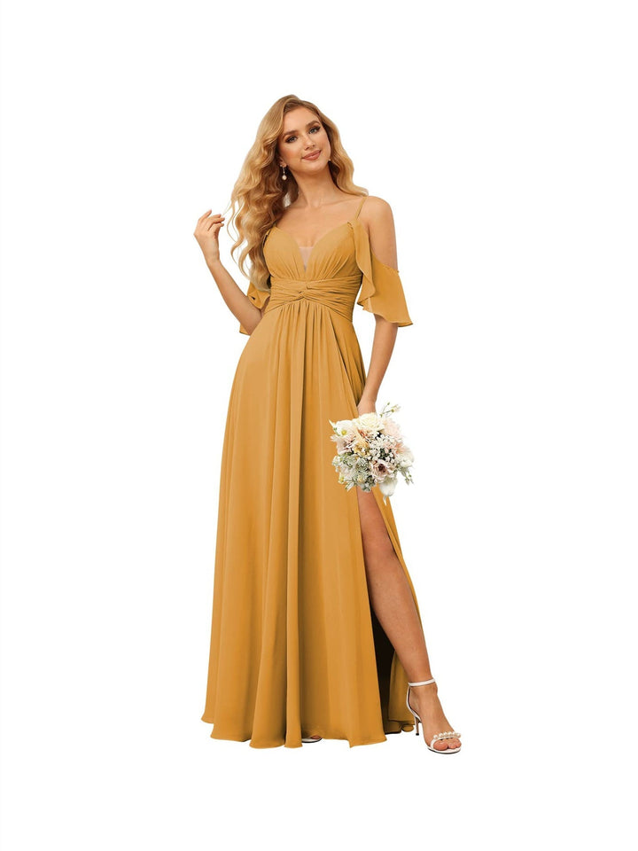 A-Line/Princess  Spaghetti Straps  Sleeveless Floor Length Bridesmaid Dresses  Chiffon with Ruffles Split