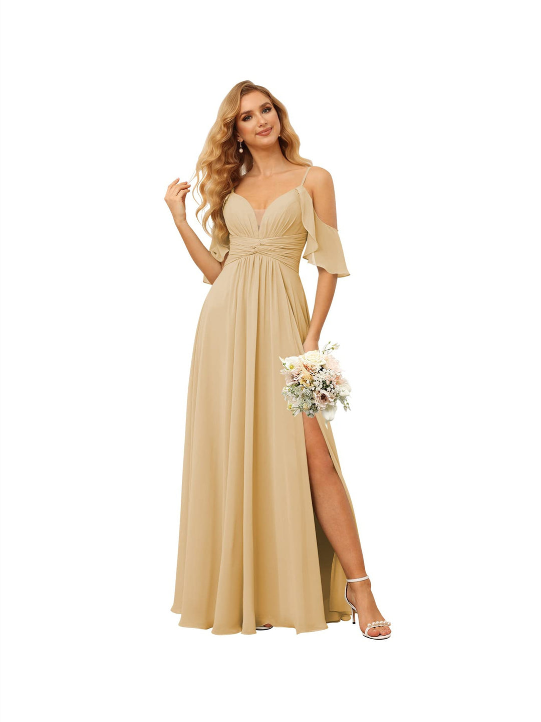 A-Line/Princess  Spaghetti Straps  Sleeveless Floor Length Bridesmaid Dresses  Chiffon with Ruffles Split