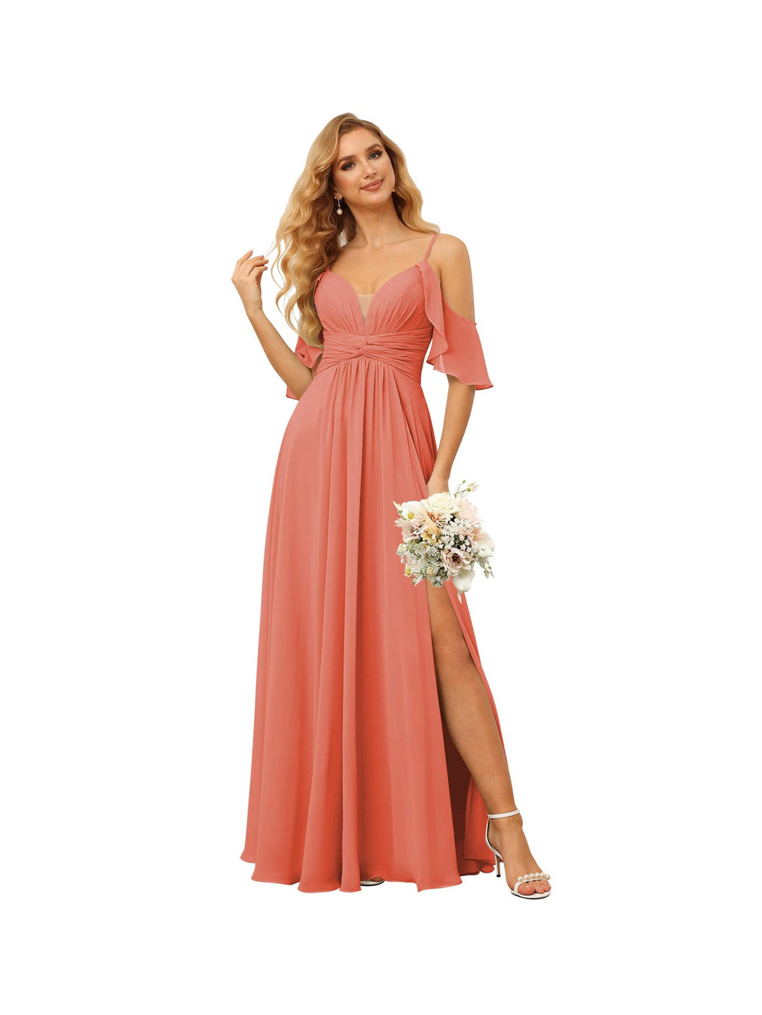 A-Line/Princess  Spaghetti Straps  Sleeveless Floor Length Bridesmaid Dresses  Chiffon with Ruffles Split