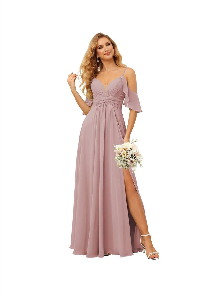 A-Line/Princess  Spaghetti Straps  Sleeveless Floor Length Bridesmaid Dresses  Chiffon with Ruffles Split