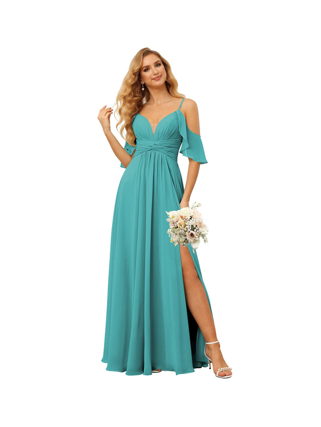 A-Line/Princess  Spaghetti Straps  Sleeveless Floor Length Bridesmaid Dresses  Chiffon with Ruffles Split