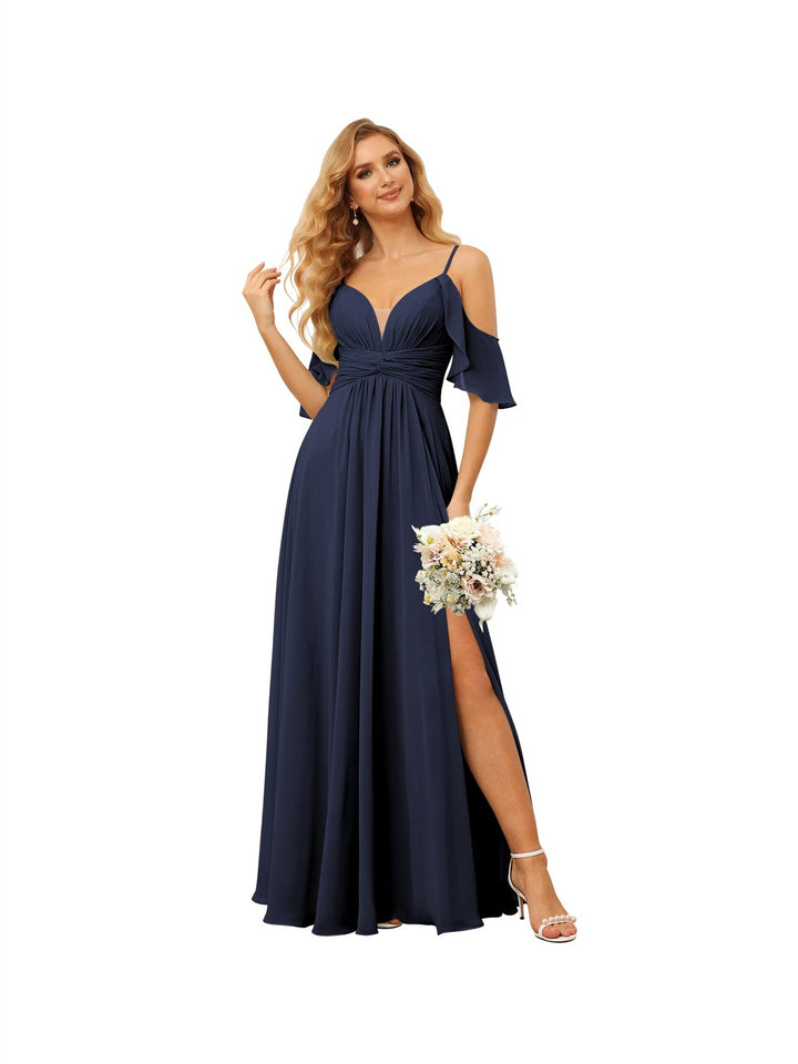 A-Line/Princess  Spaghetti Straps  Sleeveless Floor Length Bridesmaid Dresses  Chiffon with Ruffles Split