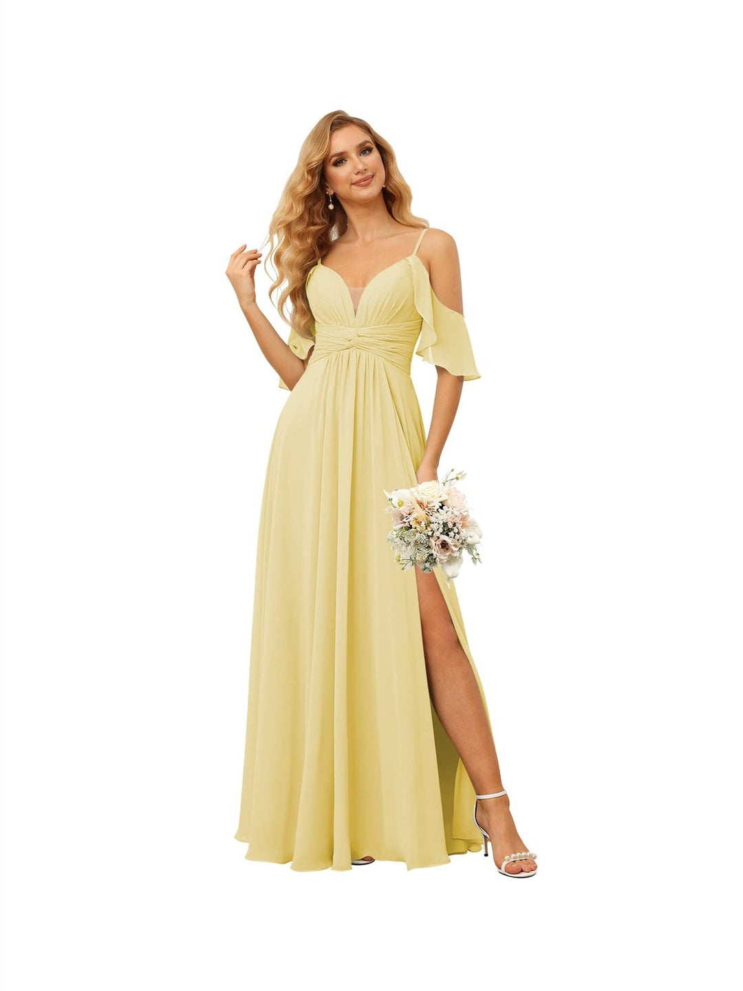 A-Line/Princess  Spaghetti Straps  Sleeveless Floor Length Bridesmaid Dresses  Chiffon with Ruffles Split