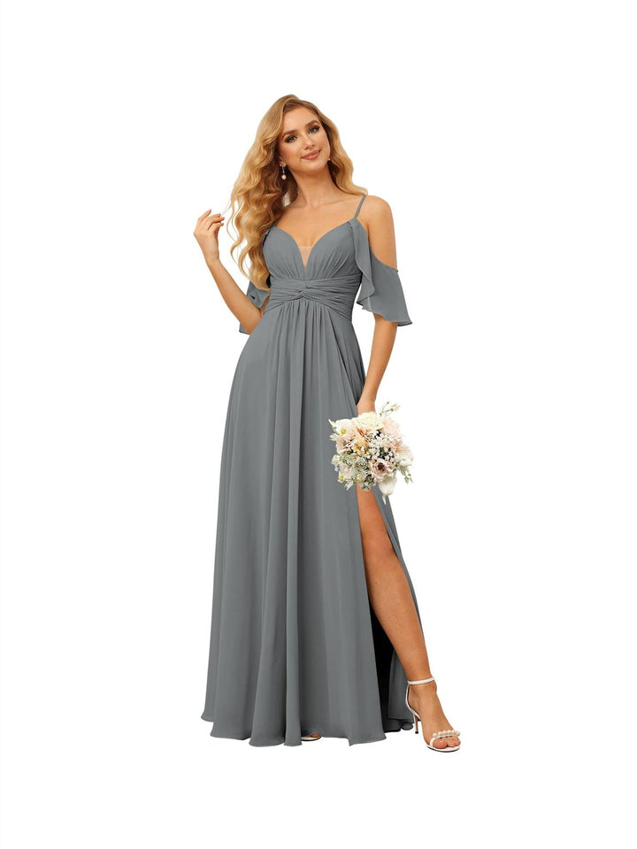 A-Line/Princess  Spaghetti Straps  Sleeveless Floor Length Bridesmaid Dresses  Chiffon with Ruffles Split