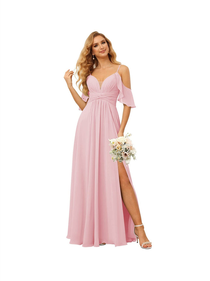 A-Line/Princess  Spaghetti Straps  Sleeveless Floor Length Bridesmaid Dresses  Chiffon with Ruffles Split