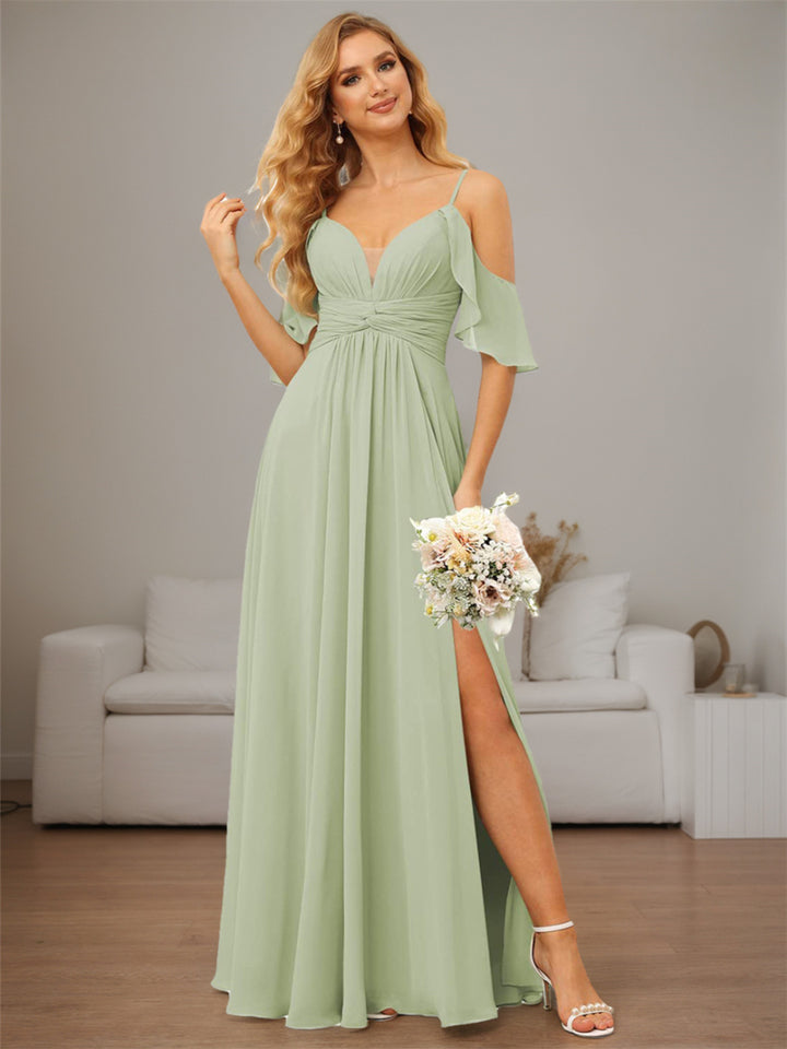 A-Line/Princess  Spaghetti Straps  Sleeveless Floor Length Bridesmaid Dresses  Chiffon with Ruffles Split