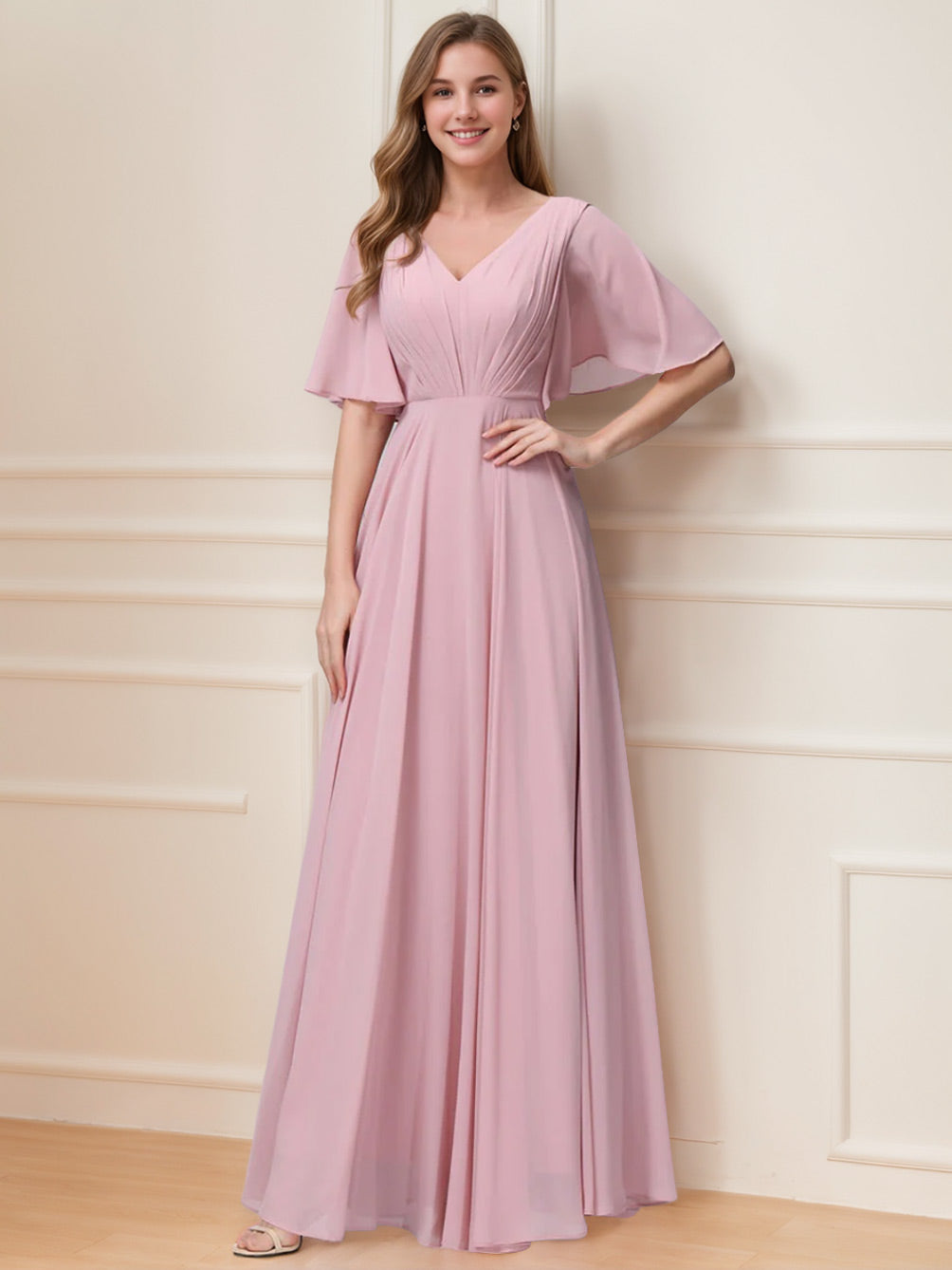 A-Line/Princess V-Neck Half Sleeves Floor-Length Bridemaid Dresses With Ruffles & Pockets