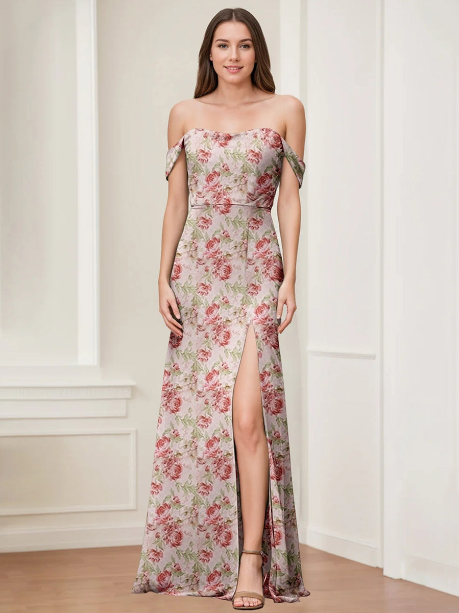 Sheath/Column Off-the-Shoulder Floor-Length Printed Floral Bridesmaid Dresses with High Split