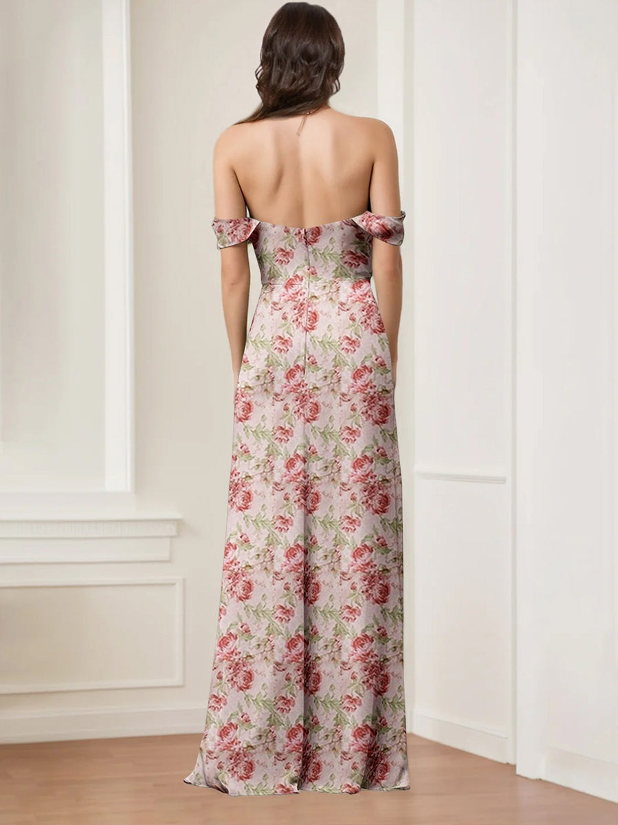 Sheath/Column Off-the-Shoulder Floor-Length Printed Floral Bridesmaid - Mondressy UK Sheath/Column Off-the-Shoulder Floor-Length Printed Floral Bridesmaid - Mondressy UK