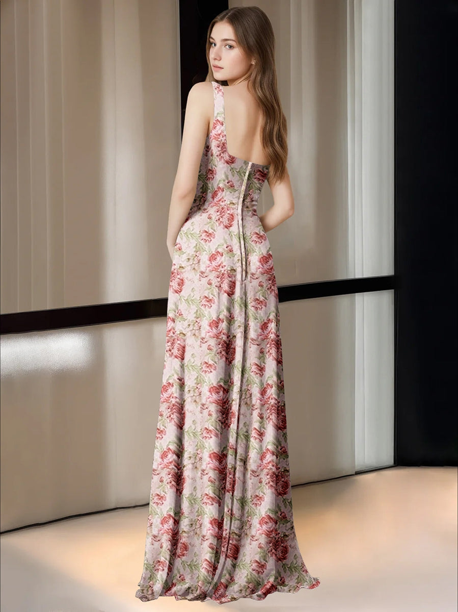 Sheath/Column Square Neck Floor-Length Printed Floral Bridesmaid Dresses with High Split